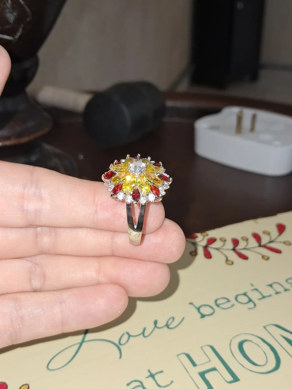 Yellow and Red  Australian Crystals Multi-Stone Floral Cocktail Ring